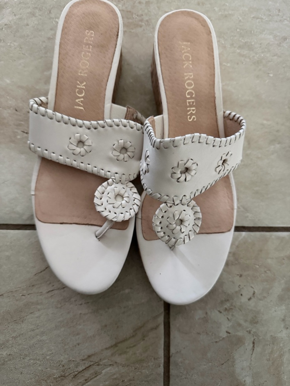 Jack Rogers White Floral Leather Slide Sandals